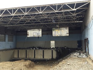 Inside the swimming pool, the masonry work on the far wall has been complete and the windows that will allow viewing from the Teen Center on the second floor have been cut.