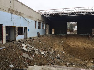 In this view from the other side of the pool, you can see that the new addition at the front of the building, that will house bleacher seating, has been completed.